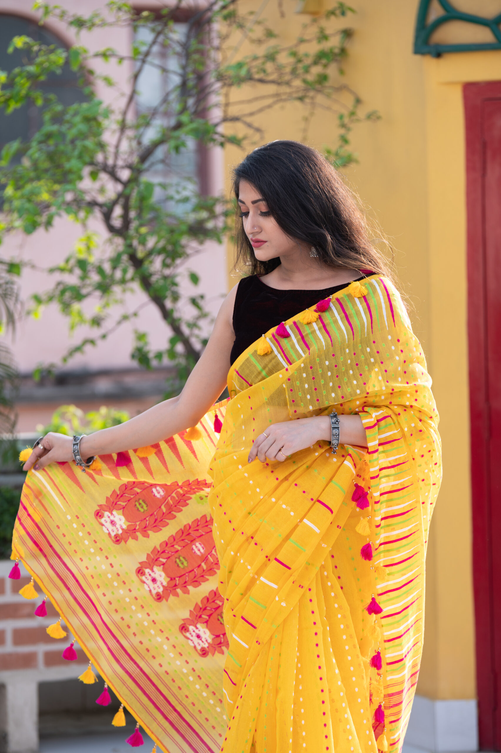 Yellow bengal Handwoven Silk Jamdani Saree – GoCoop